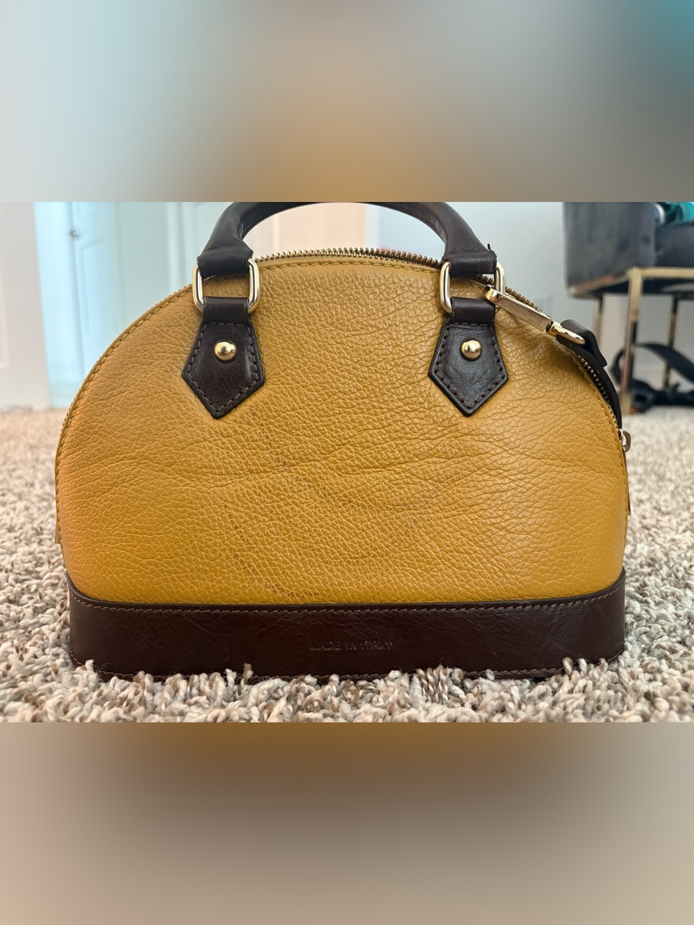 Women’s Mini Dome Satchel — Mustard Yellow with Dark Brown Trim - Picture 1 of 6